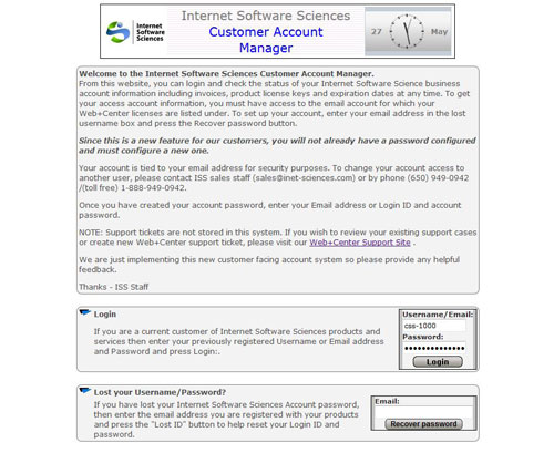 ISS Customer Account Manager Login Page
