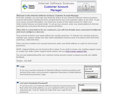 ISS Customer Account Manager Login Page